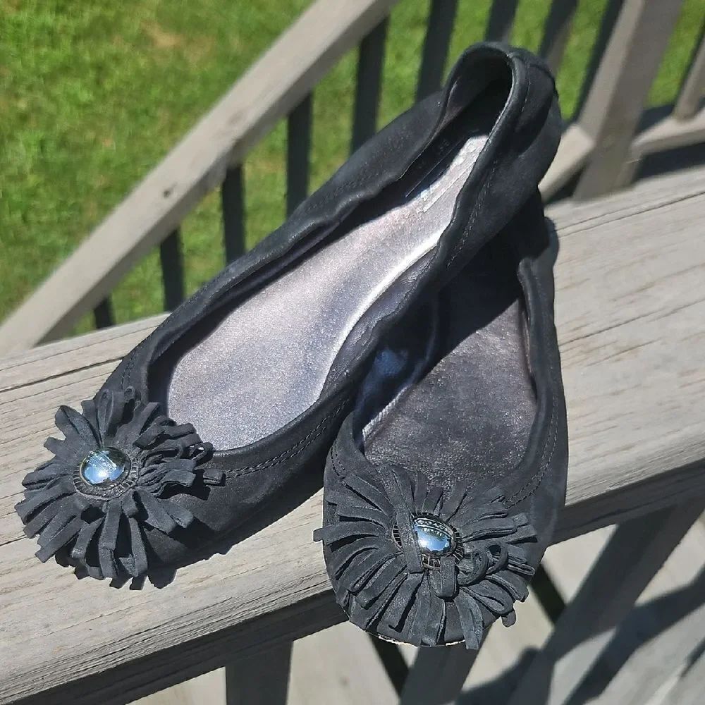 Coach Ariza Black Suede Flats Size 7 Flower Rosette Ballet Shoes